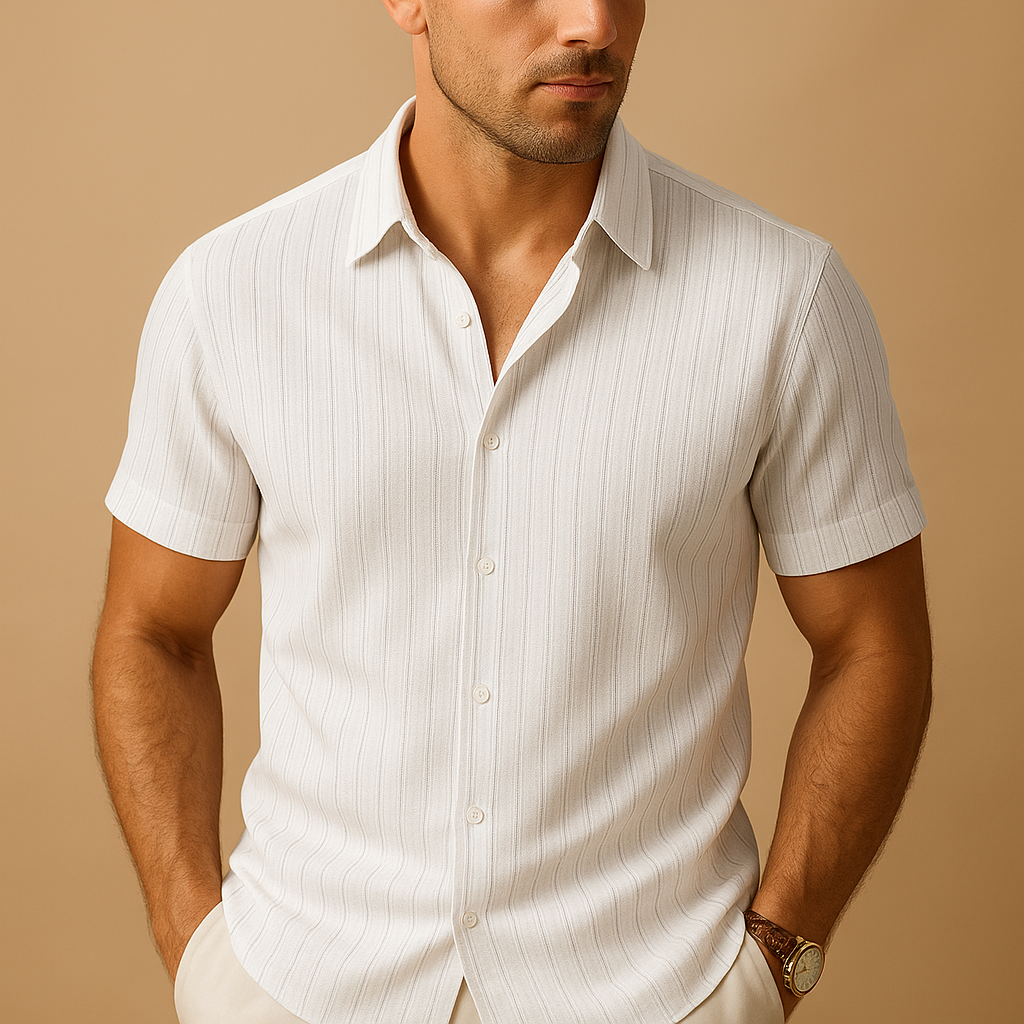 Homme Chemise Manches Courtes à Rayures Verticales et Col Classique