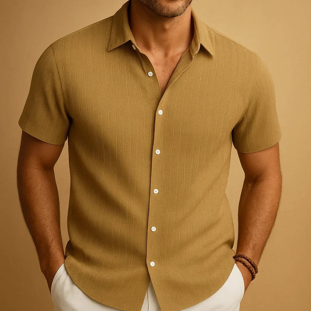 Homme Chemise Manches Courtes à Rayures Verticales et Col Classique