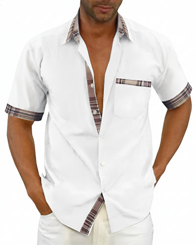 Homme Chemise Manches Courtes avec Col à Carreaux et Poche Poitrine