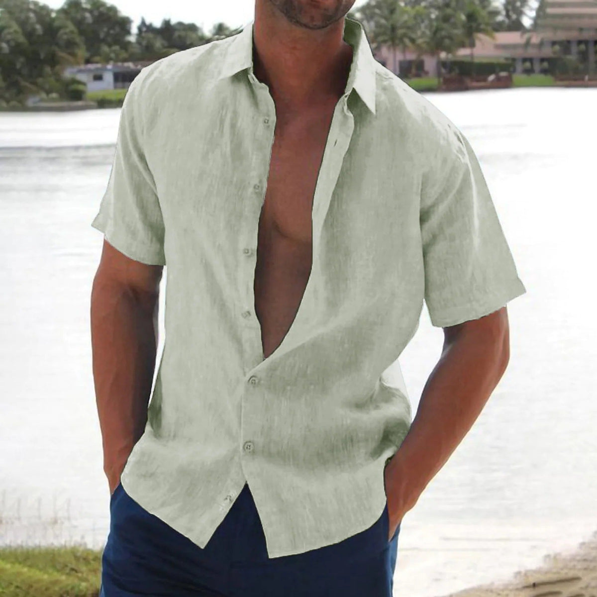Homme Chemise Manches Courtes avec Col Classique et Boutons