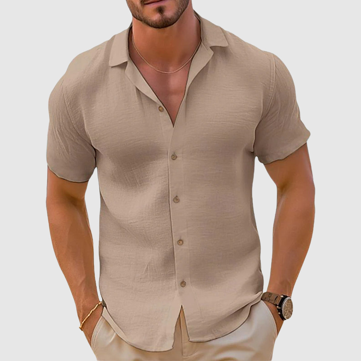 Homme Chemise Manches Courtes avec Col Ouvert et Boutonnière