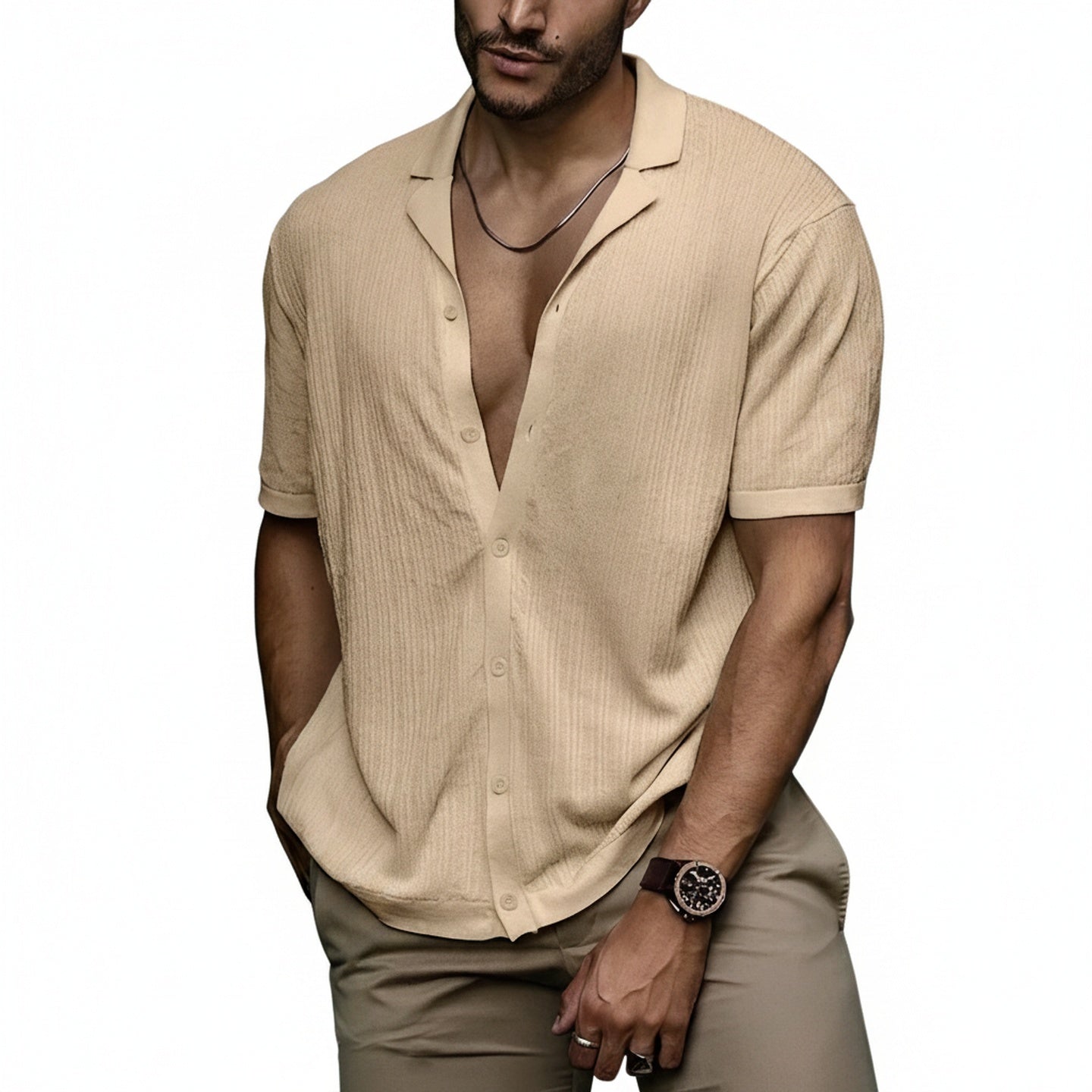 Homme Chemise Manches Courtes avec Col Ouvert et Fermeture Boutonnée