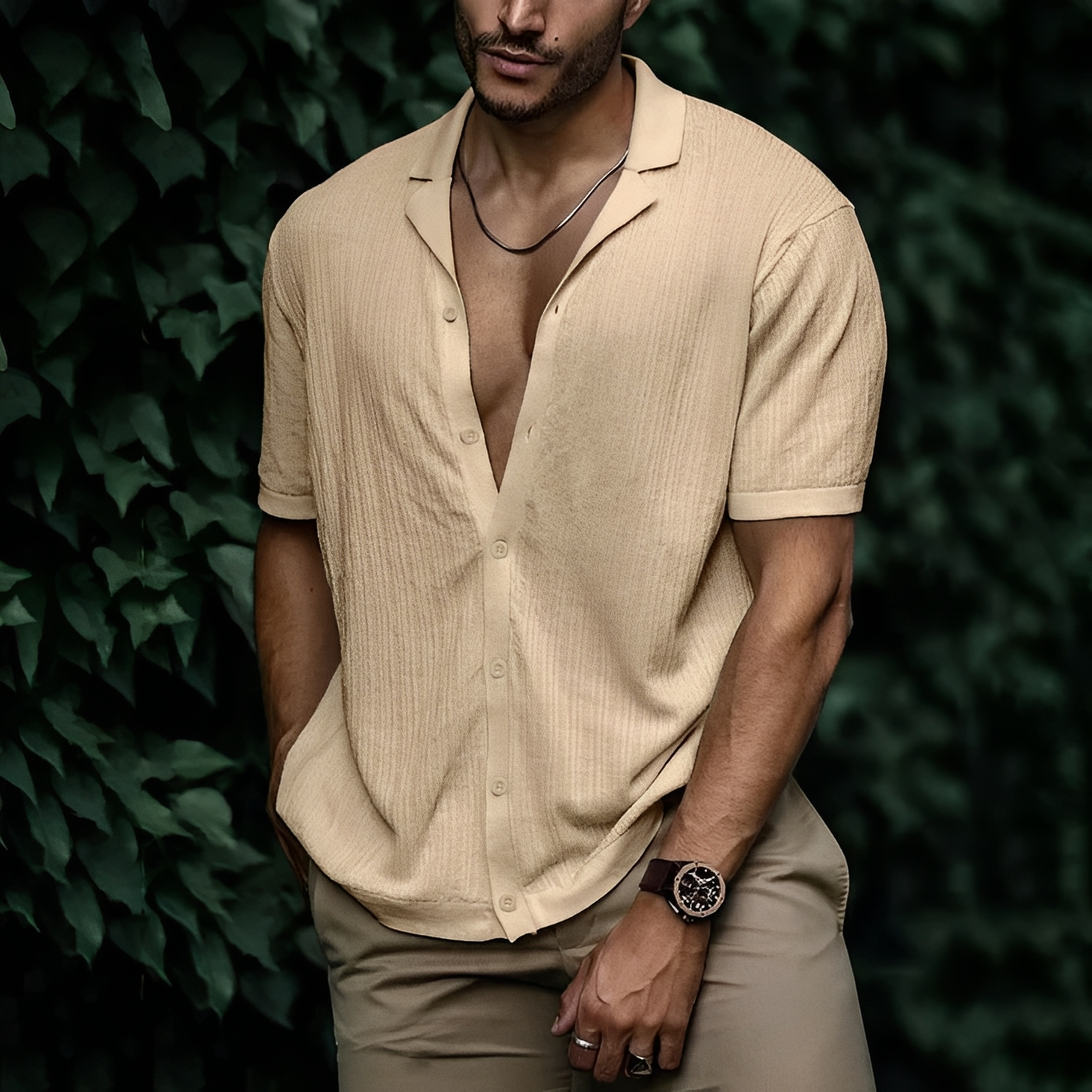 Homme Chemise Manches Courtes avec Col Ouvert et Fermeture Boutonnée