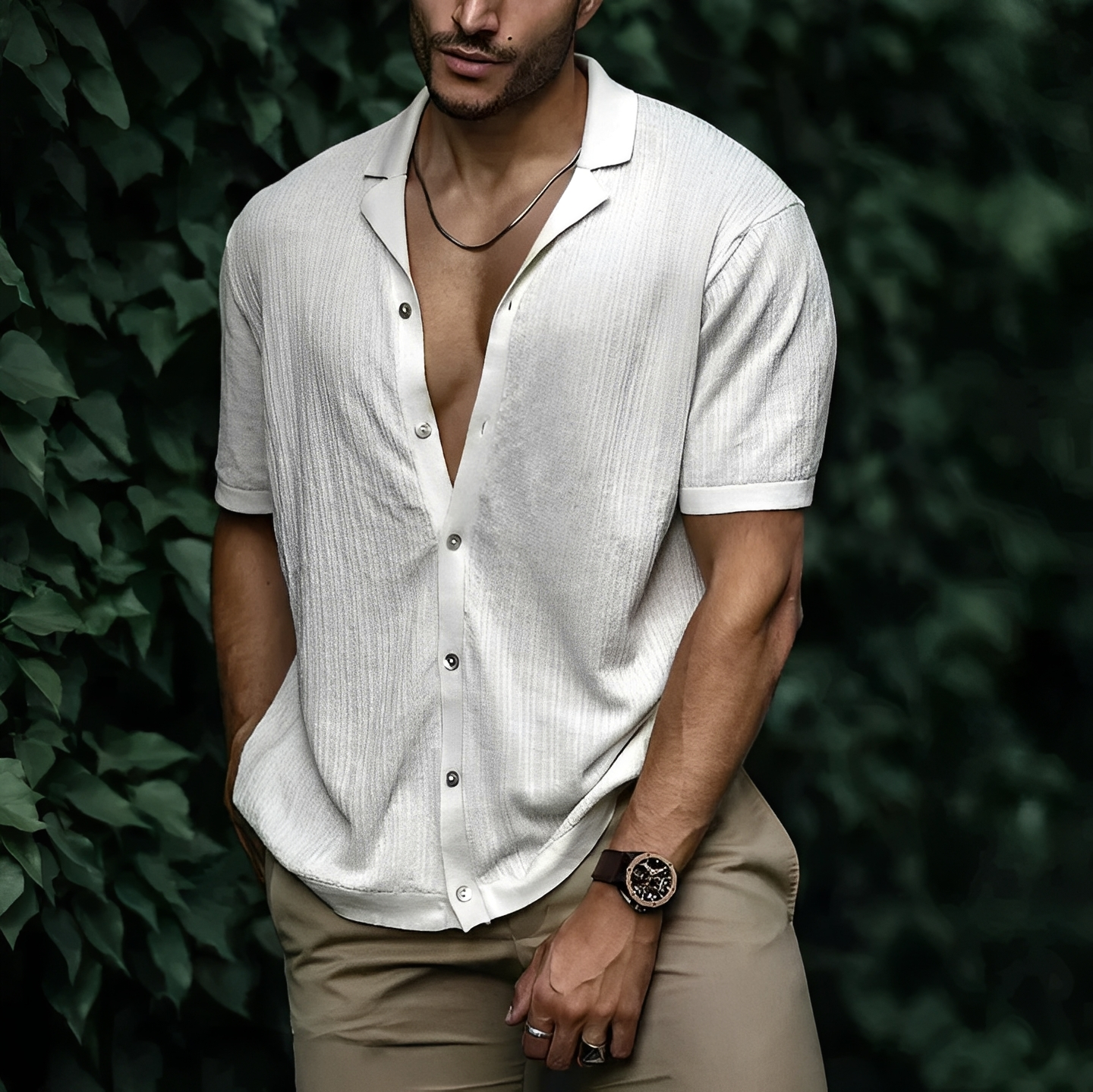 Homme Chemise Manches Courtes avec Col Ouvert et Fermeture Boutonnée