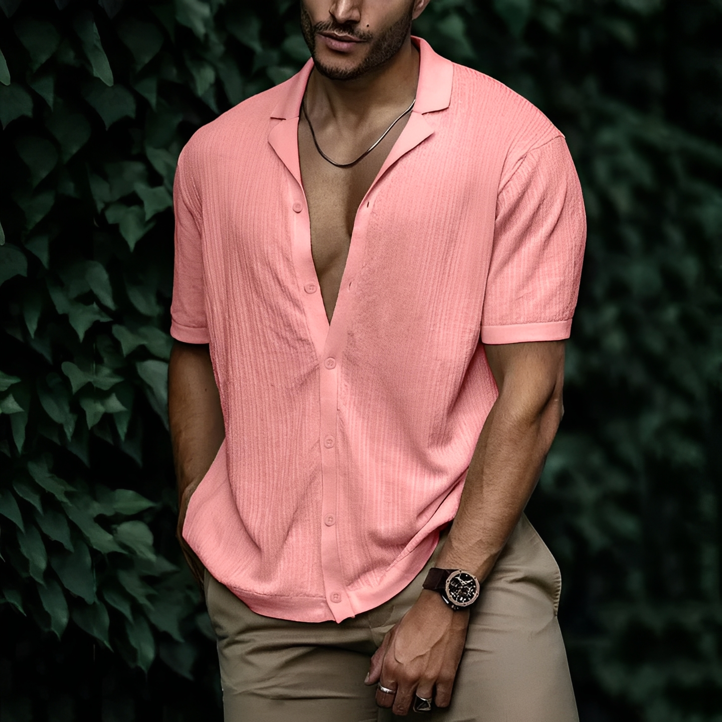 Homme Chemise Manches Courtes avec Col Ouvert et Fermeture Boutonnée