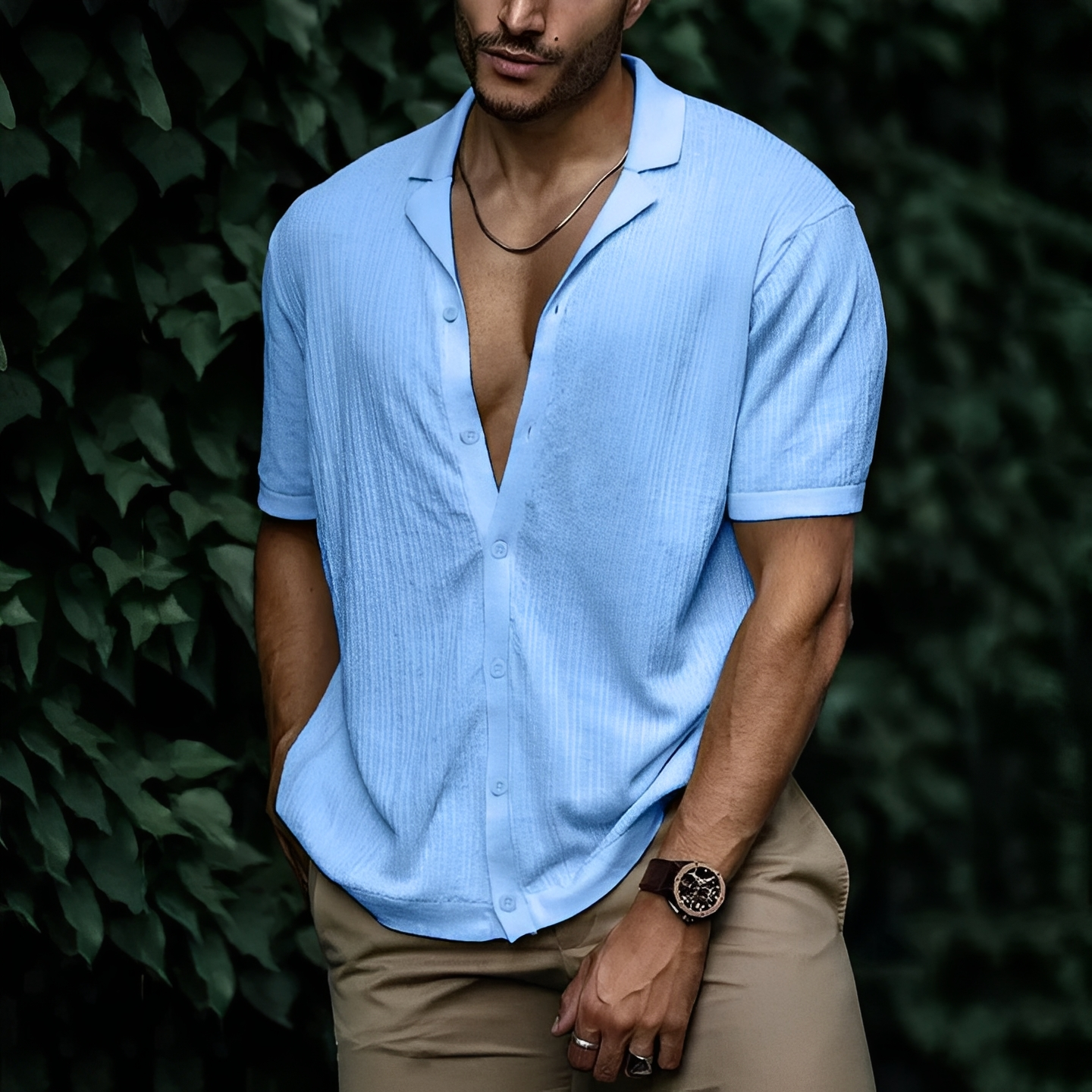Homme Chemise Manches Courtes avec Col Ouvert et Fermeture Boutonnée