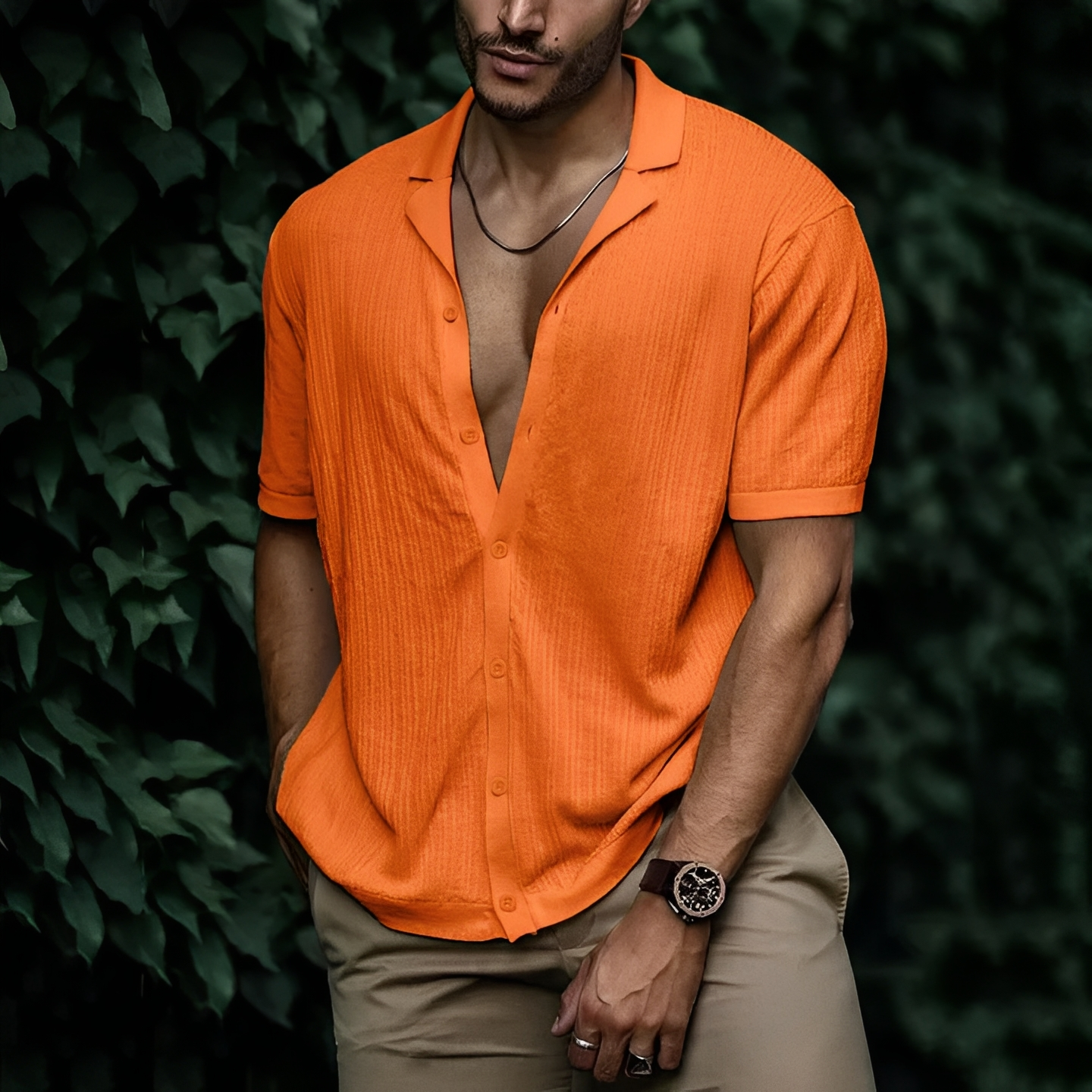 Homme Chemise Manches Courtes avec Col Ouvert et Fermeture Boutonnée