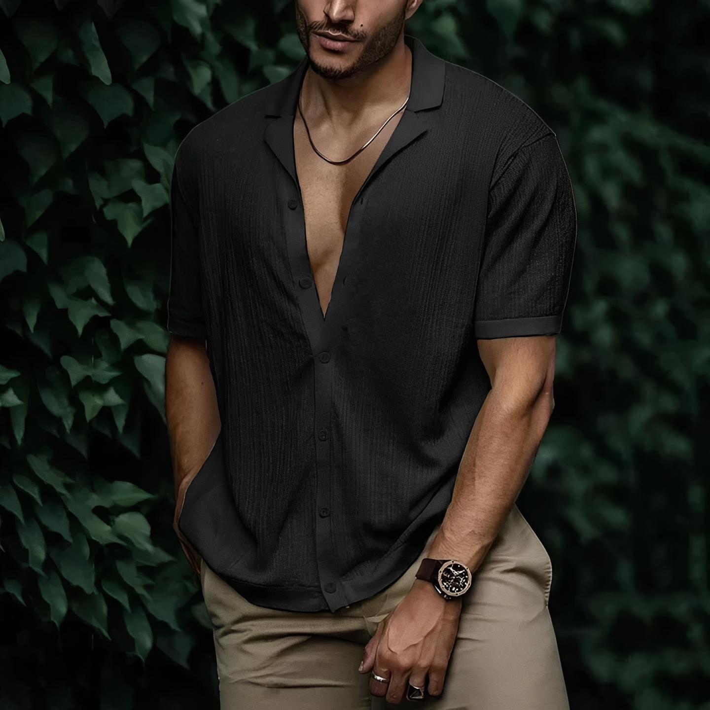 Homme Chemise Manches Courtes avec Col Ouvert et Fermeture Boutonnée
