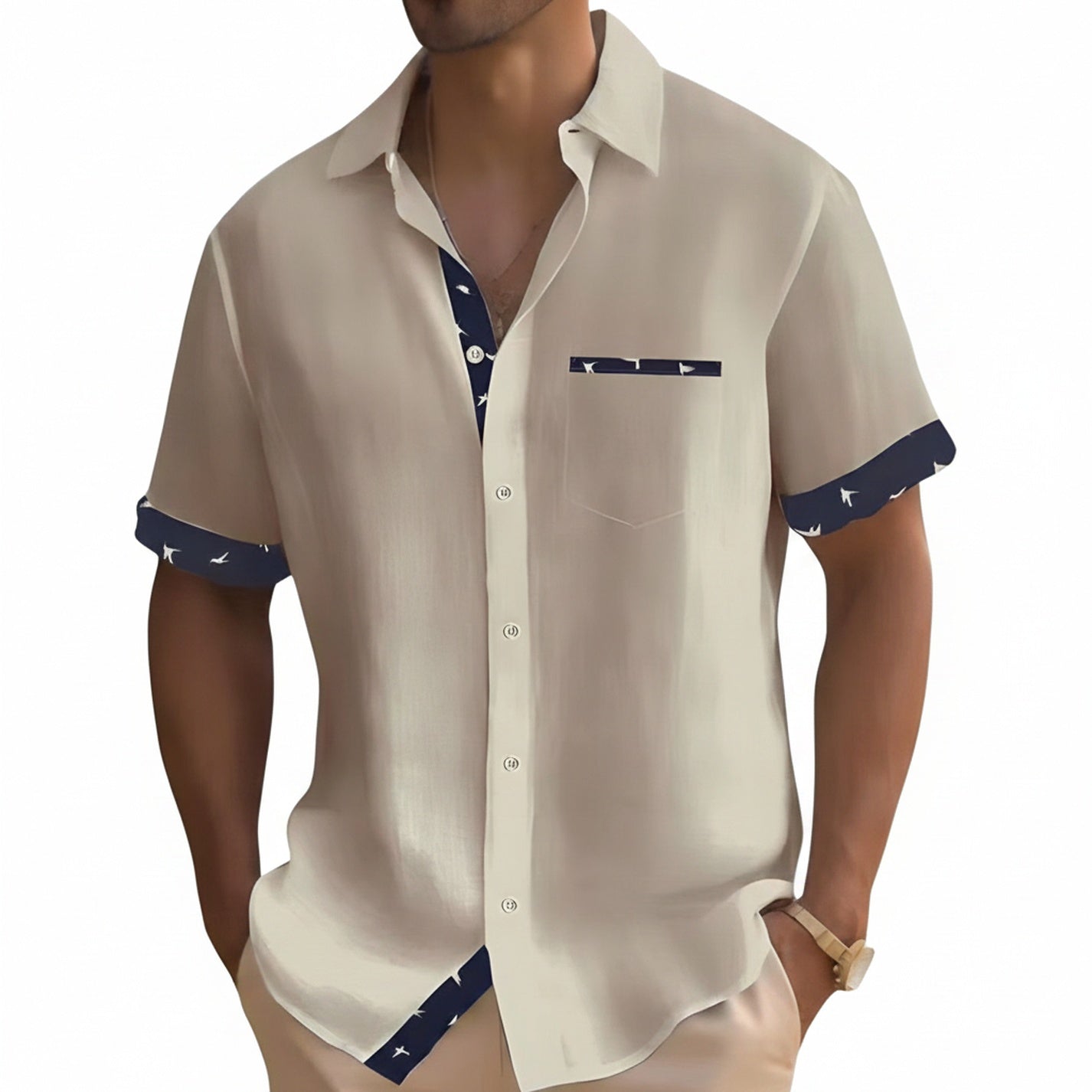 Homme Chemise Manches Courtes avec Détails Contrastés et Poche Poitrine