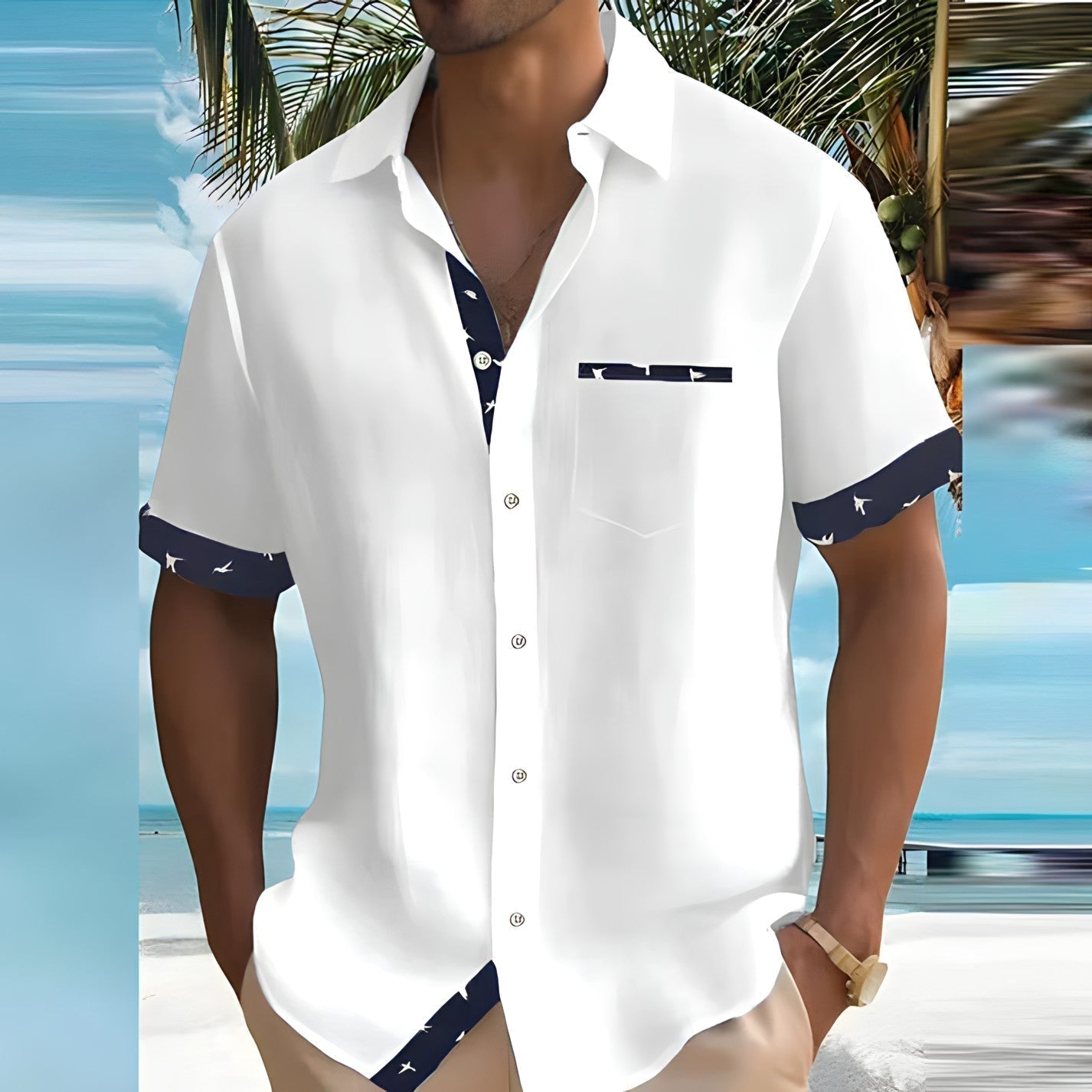 Homme Chemise Manches Courtes avec Détails Contrastés et Poche Poitrine