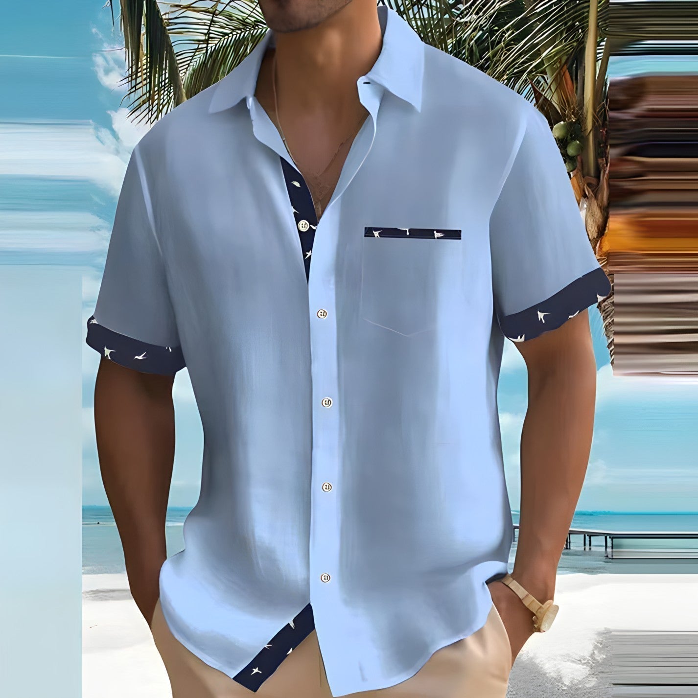 Homme Chemise Manches Courtes avec Détails Contrastés et Poche Poitrine