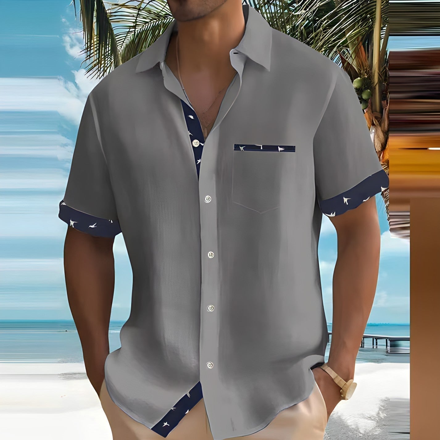 Homme Chemise Manches Courtes avec Détails Contrastés et Poche Poitrine