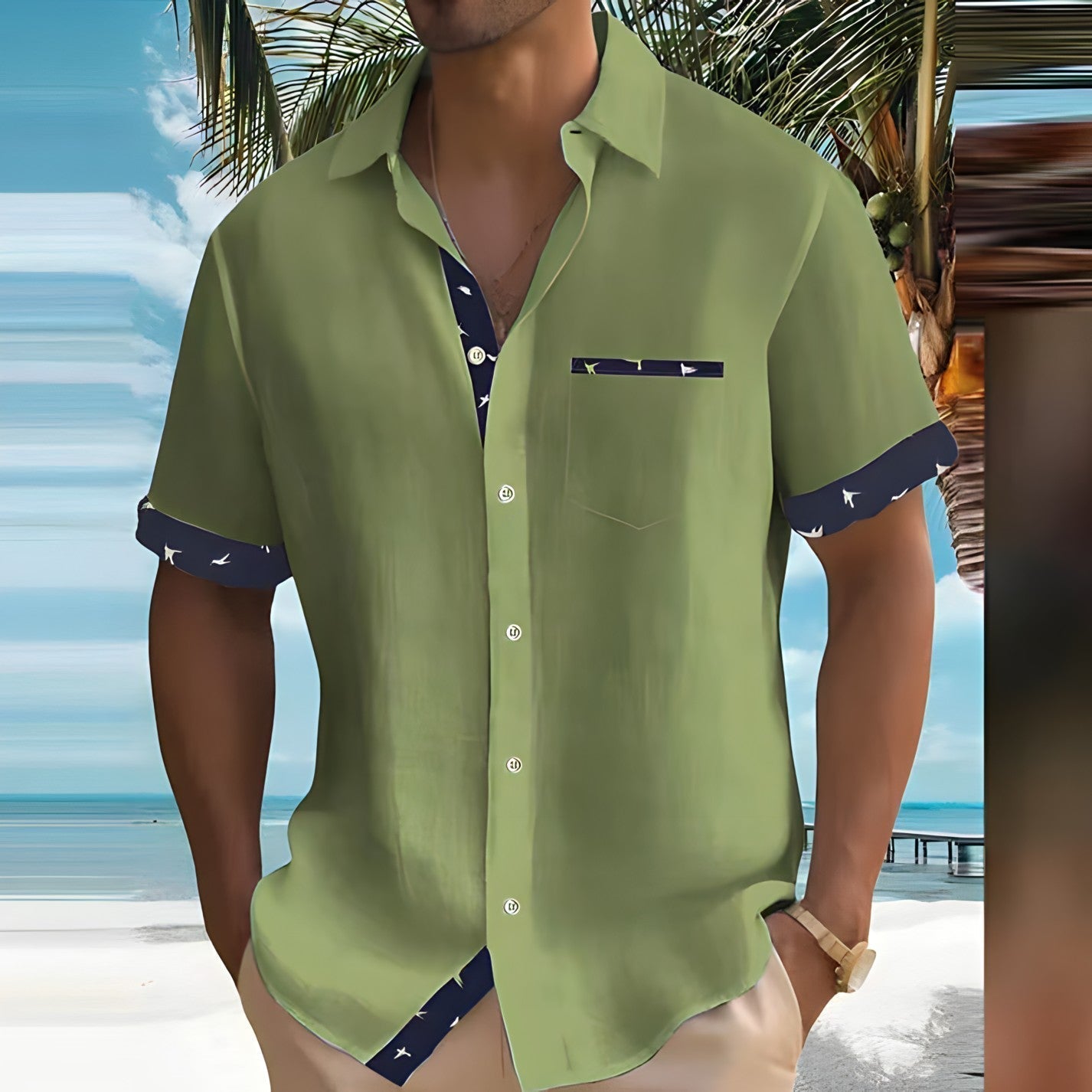 Homme Chemise Manches Courtes avec Détails Contrastés et Poche Poitrine