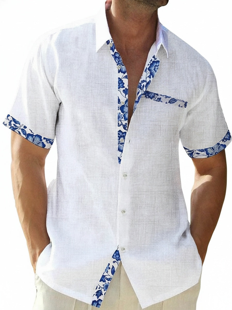 Homme Chemise Manches Courtes col Classique avec Bordures Florales