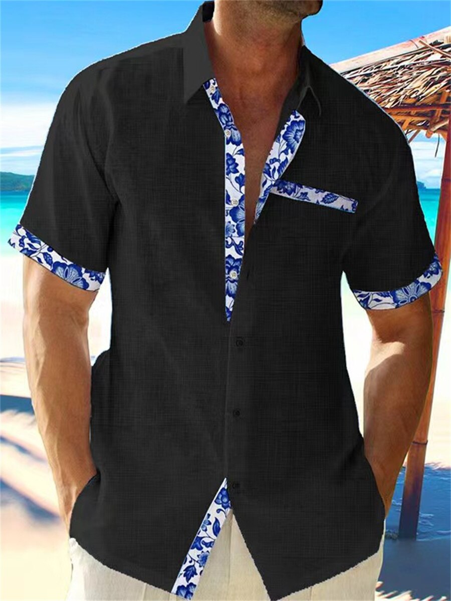 Homme Chemise Manches Courtes col Classique avec Bordures Florales