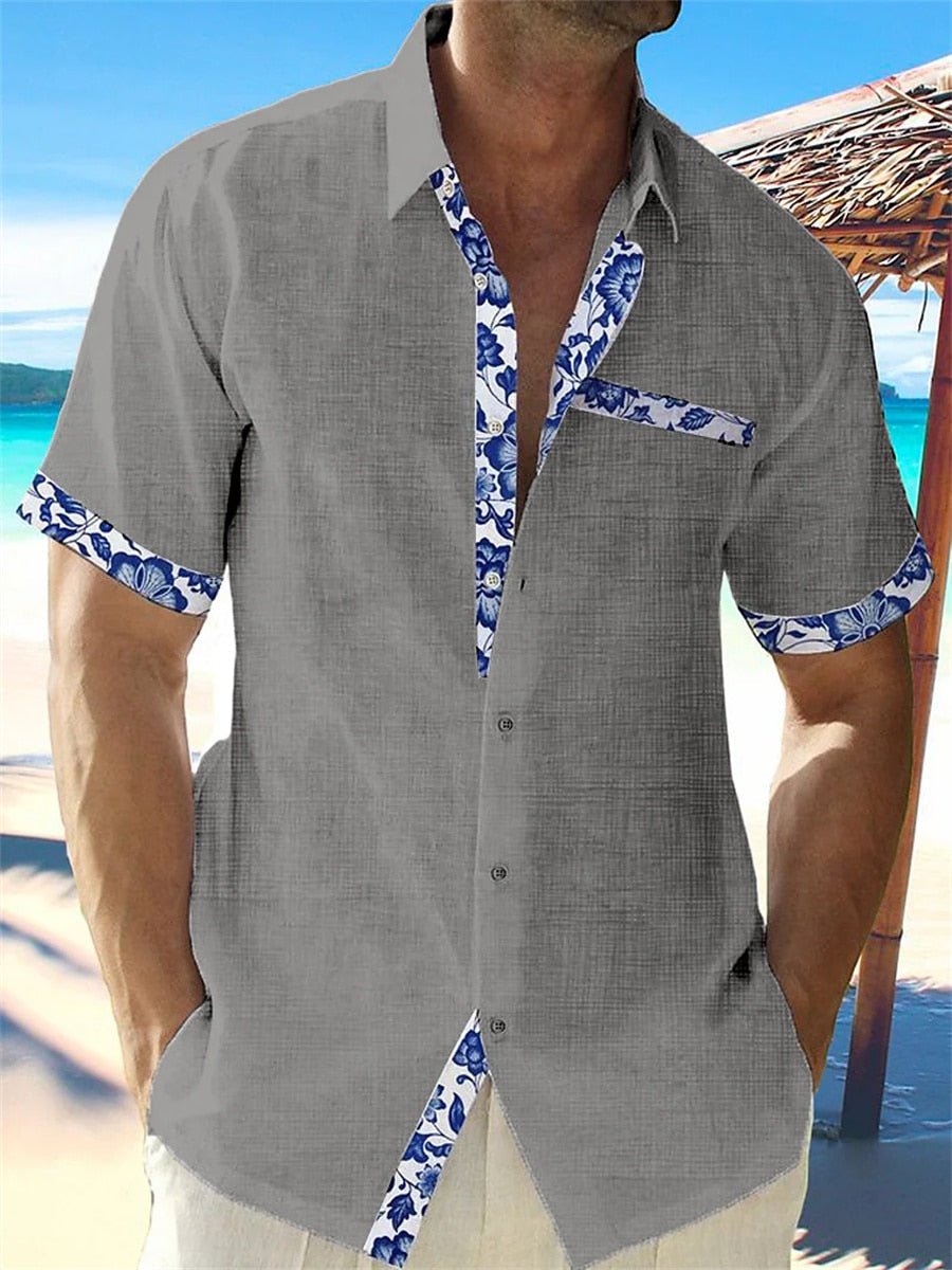 Homme Chemise Manches Courtes col Classique avec Bordures Florales