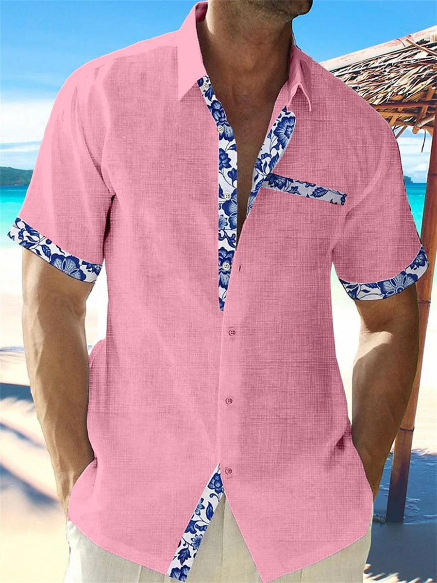 Homme Chemise Manches Courtes col Classique avec Bordures Florales