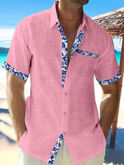 Homme Chemise Manches Courtes col Classique avec Bordures Florales