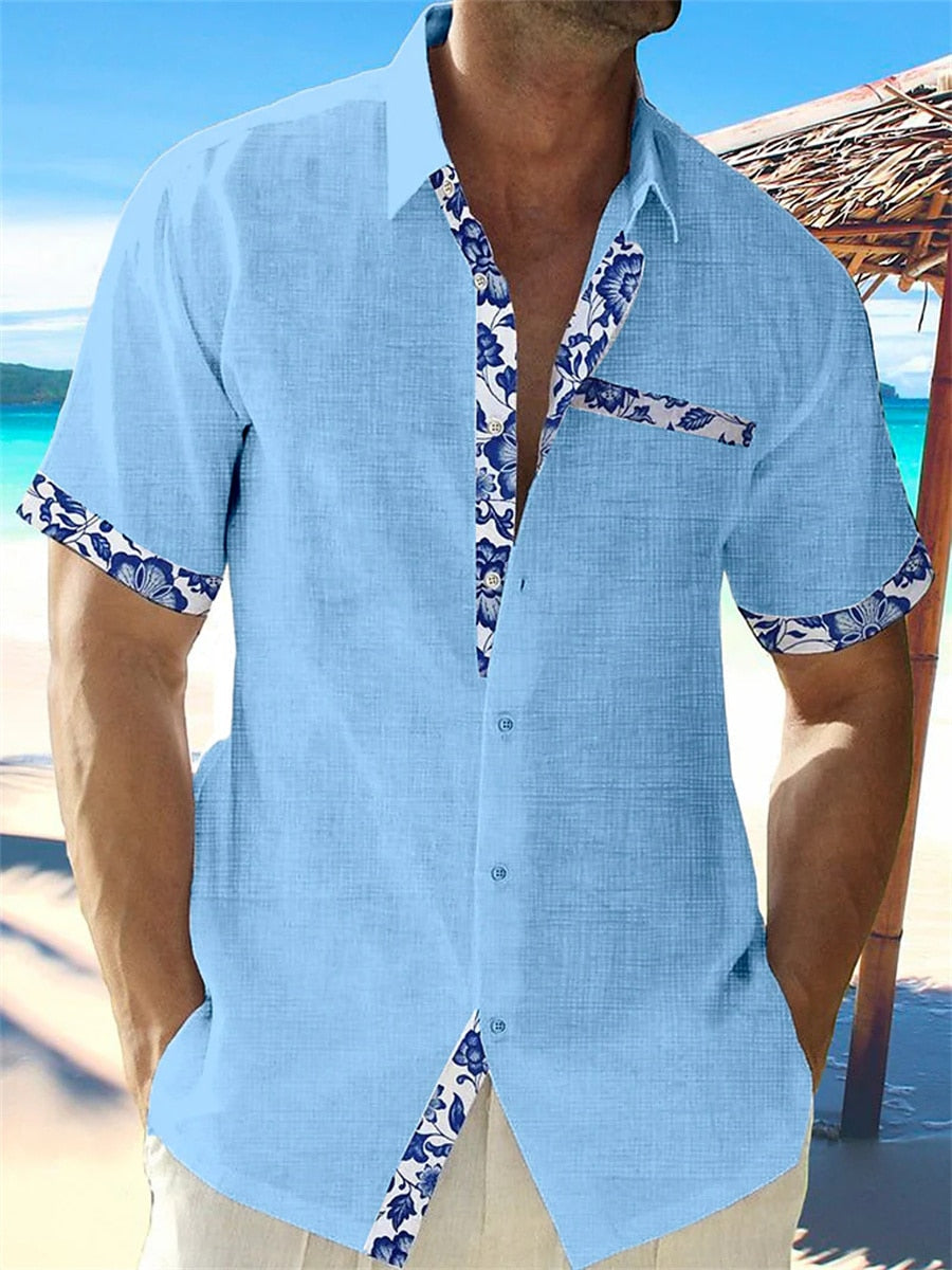 Homme Chemise Manches Courtes col Classique avec Bordures Florales
