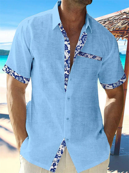 Homme Chemise Manches Courtes col Classique avec Bordures Florales