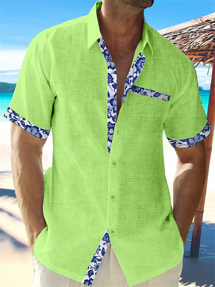 Homme Chemise Manches Courtes col Classique avec Bordures Florales