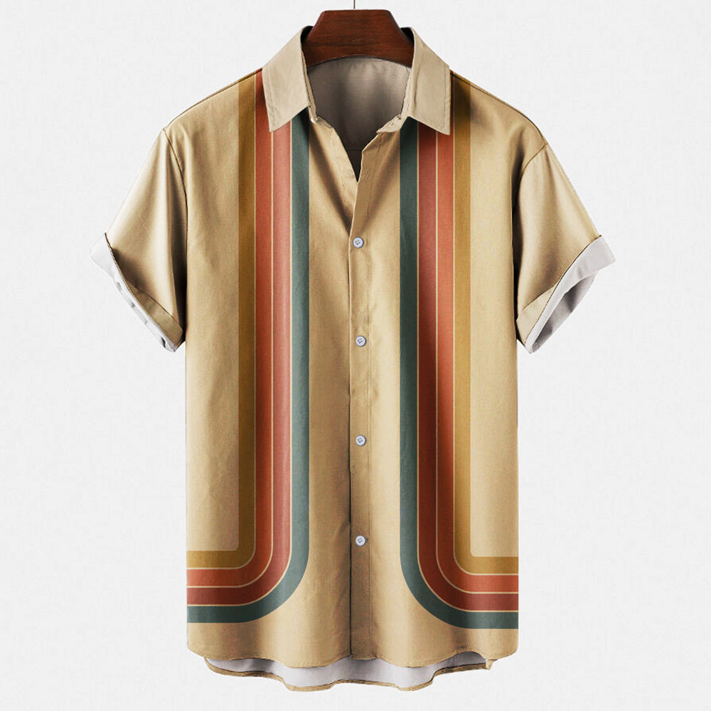 Homme Chemise Manches Courtes Rétro à Rayures Verticales et Col Classique