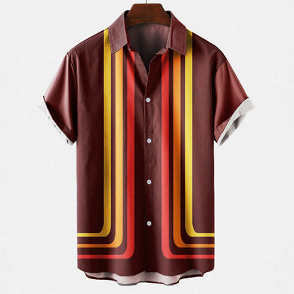Homme Chemise Manches Courtes Rétro à Rayures Verticales et Col Classique