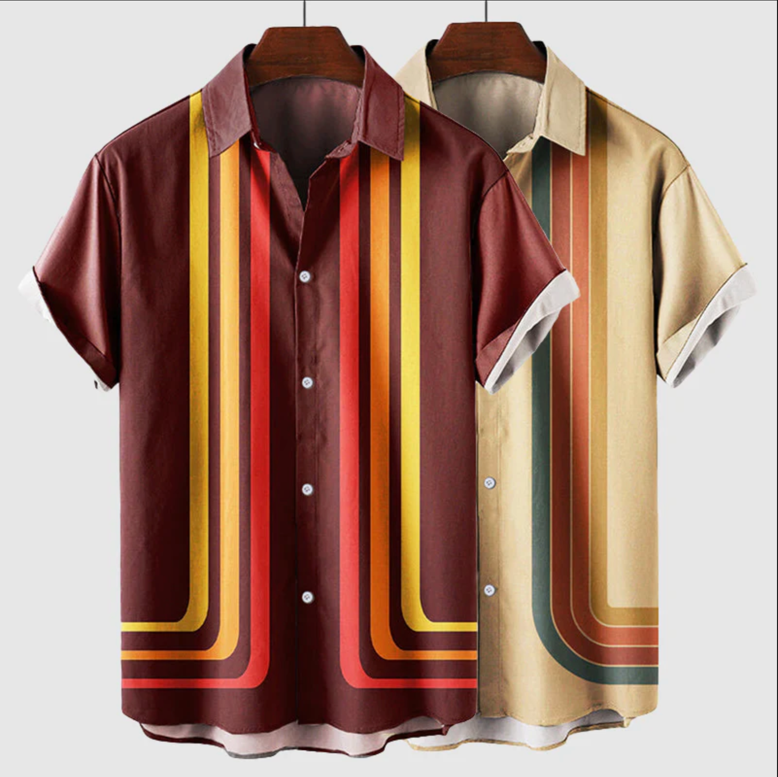 Homme Chemise Manches Courtes Rétro à Rayures Verticales et Col Classique