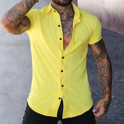 Homme Chemise Manches Courtes Slim Fit avec Col Boutonné