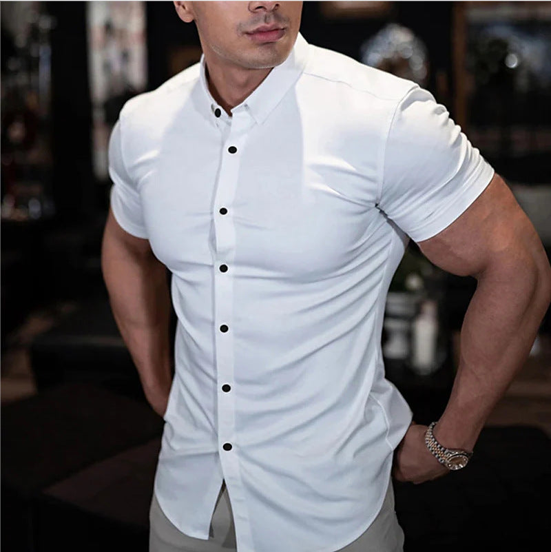 Homme Chemise Manches Courtes Slim Fit avec Col Boutonné