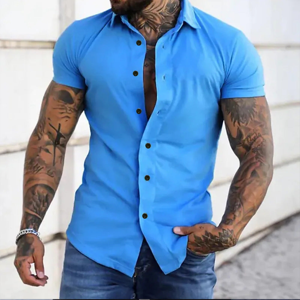Homme Chemise Manches Courtes Slim Fit avec Col Boutonné