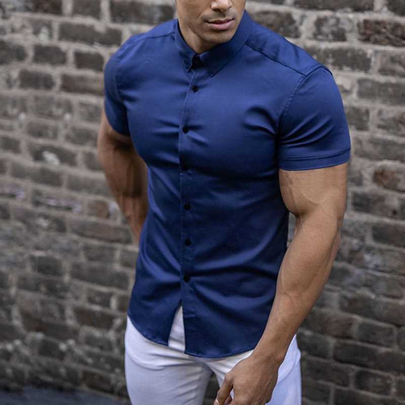Homme Chemise Manches Courtes Slim Fit avec Col Boutonné