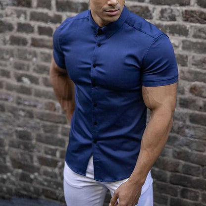 Homme Chemise Manches Courtes Slim Fit avec Col Boutonné