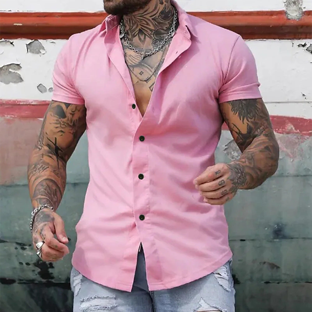 Homme Chemise Manches Courtes Slim Fit avec Col Boutonné