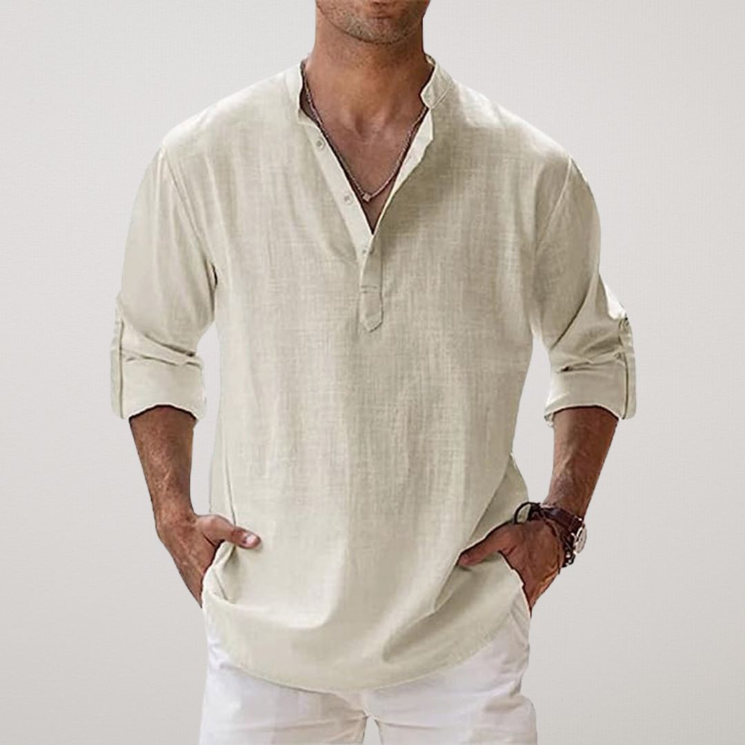 Homme Chemise Manches Longues avec Col Mao et Boutonnage Henley