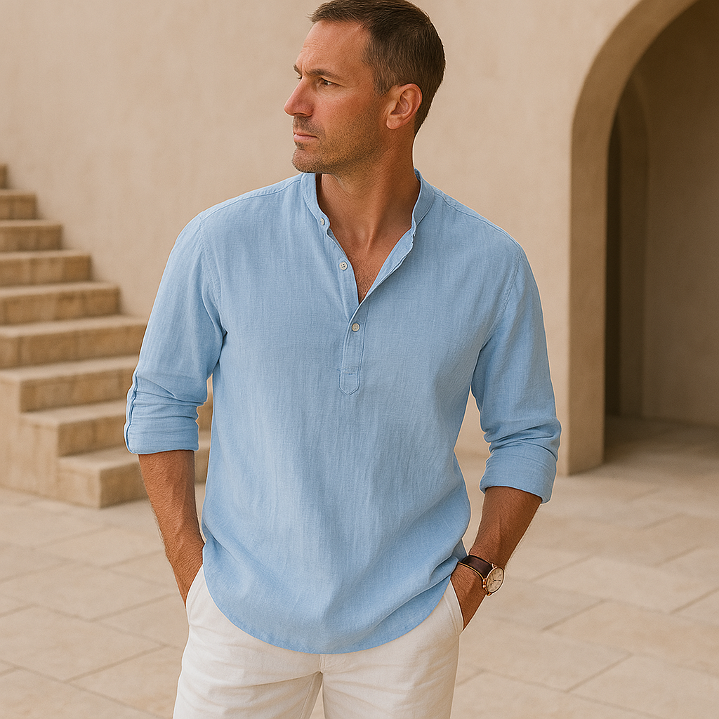 Homme Chemise Manches Longues avec Col Mao et Boutonnage Henley