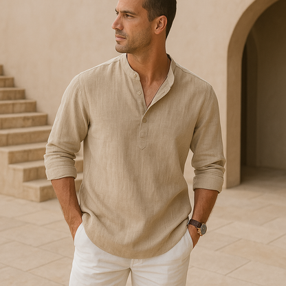 Homme Chemise Manches Longues avec Col Mao et Boutonnage Henley