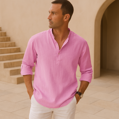 Homme Chemise Manches Longues avec Col Mao et Boutonnage Henley
