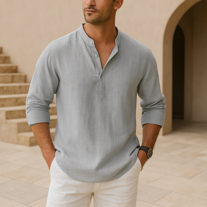 Homme Chemise Manches Longues avec Col Mao et Boutonnage Henley