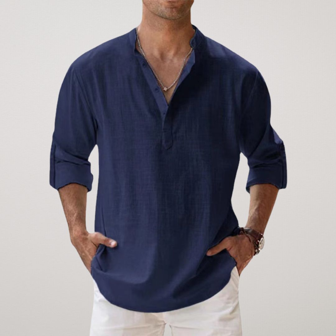 Homme Chemise Manches Longues avec Col Mao et Boutonnage Henley