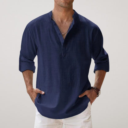 Homme Chemise Manches Longues avec Col Mao et Boutonnage Henley