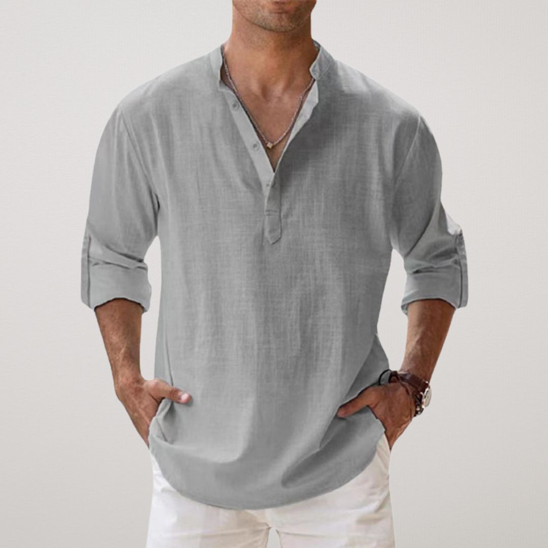 Homme Chemise Manches Longues avec Col Mao et Boutonnage Henley