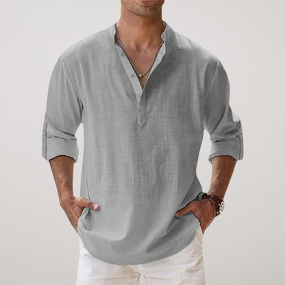 Homme Chemise Manches Longues avec Col Mao et Boutonnage Henley