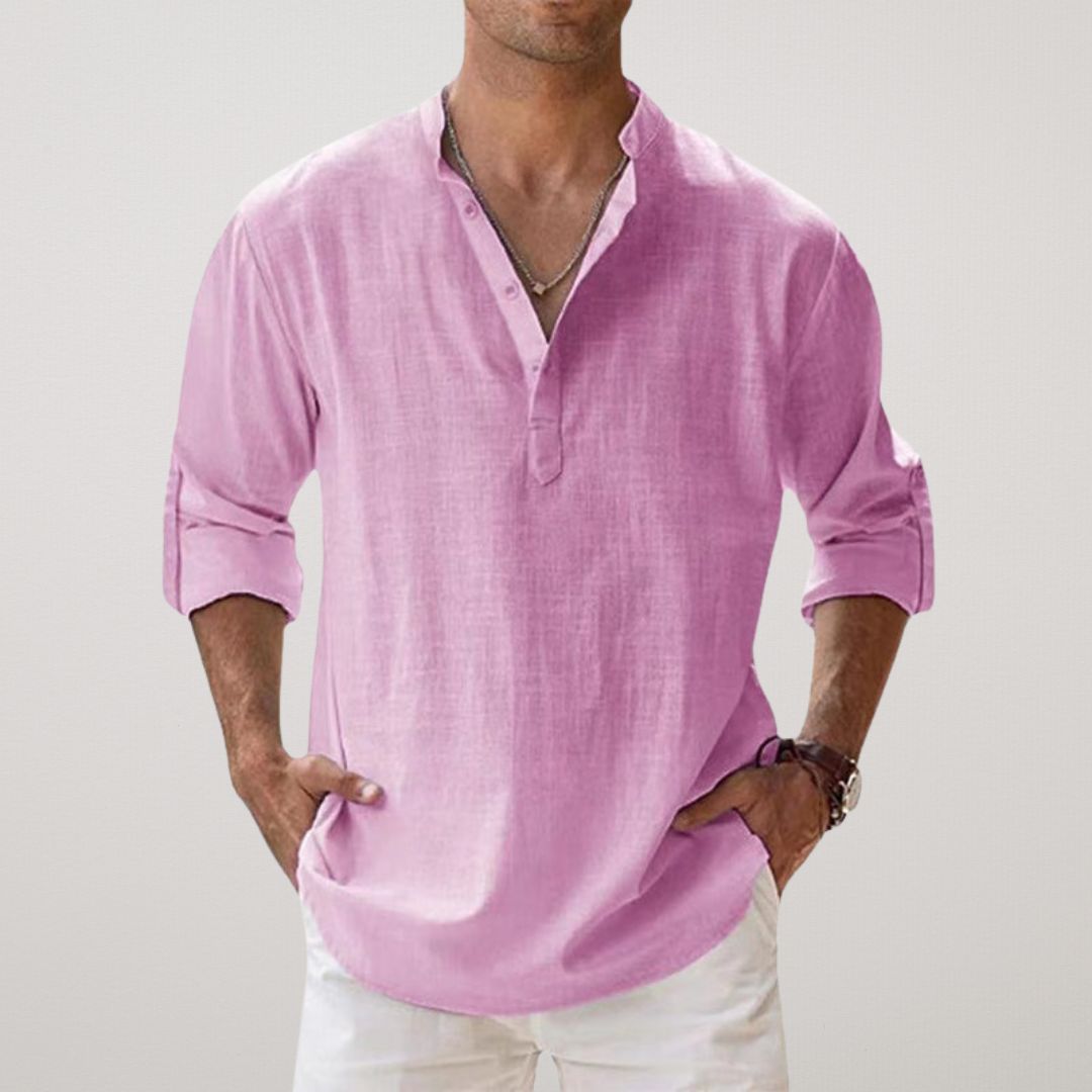 Homme Chemise Manches Longues avec Col Mao et Boutonnage Henley