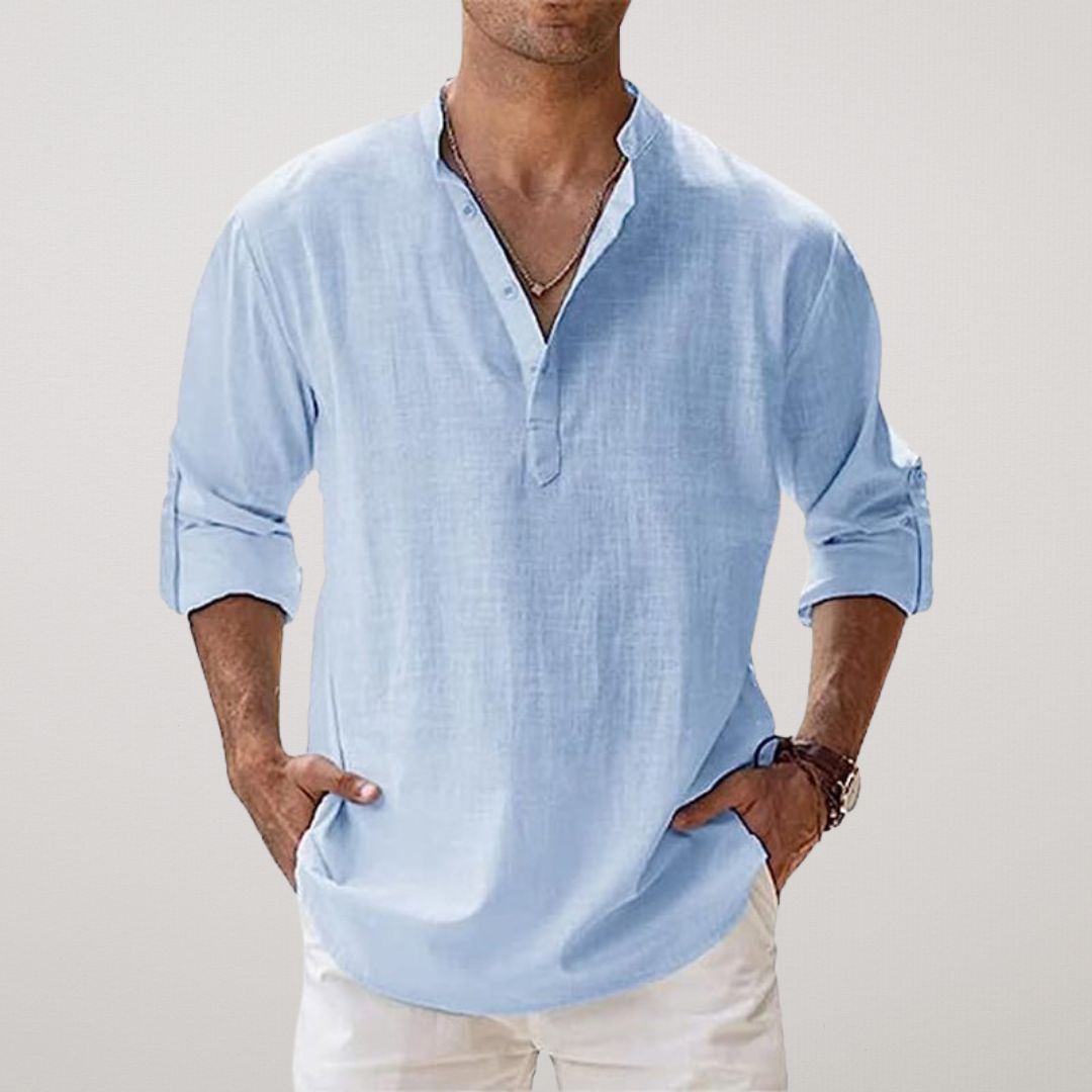 Homme Chemise Manches Longues avec Col Mao et Boutonnage Henley