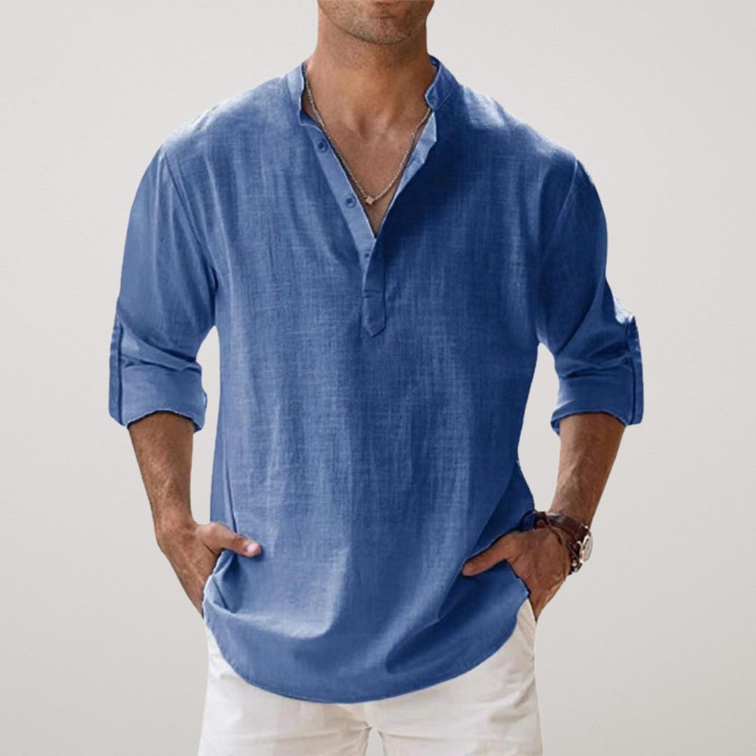 Homme Chemise Manches Longues avec Col Mao et Boutonnage Henley