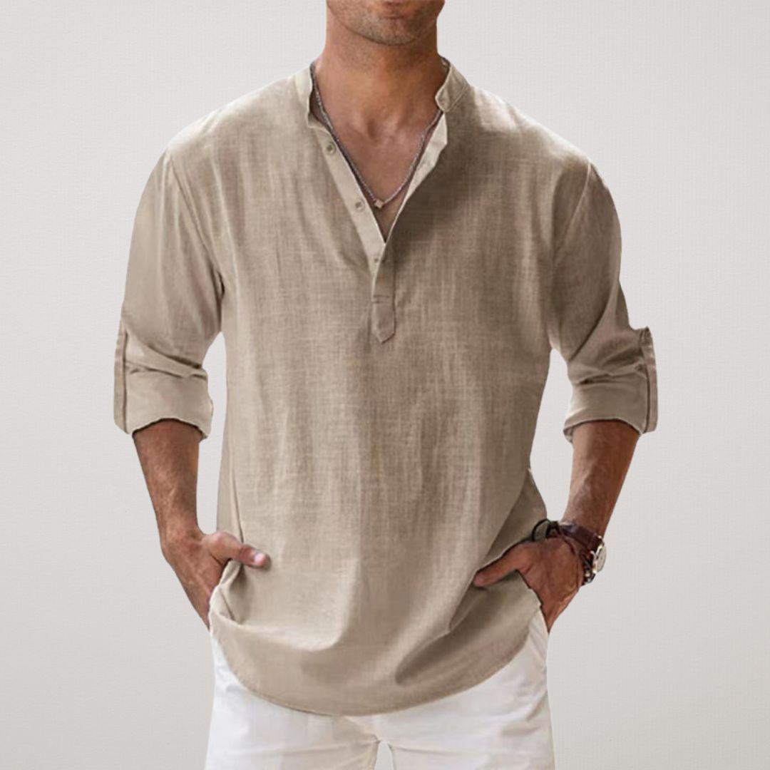 Homme Chemise Manches Longues avec Col Mao et Boutonnage Henley