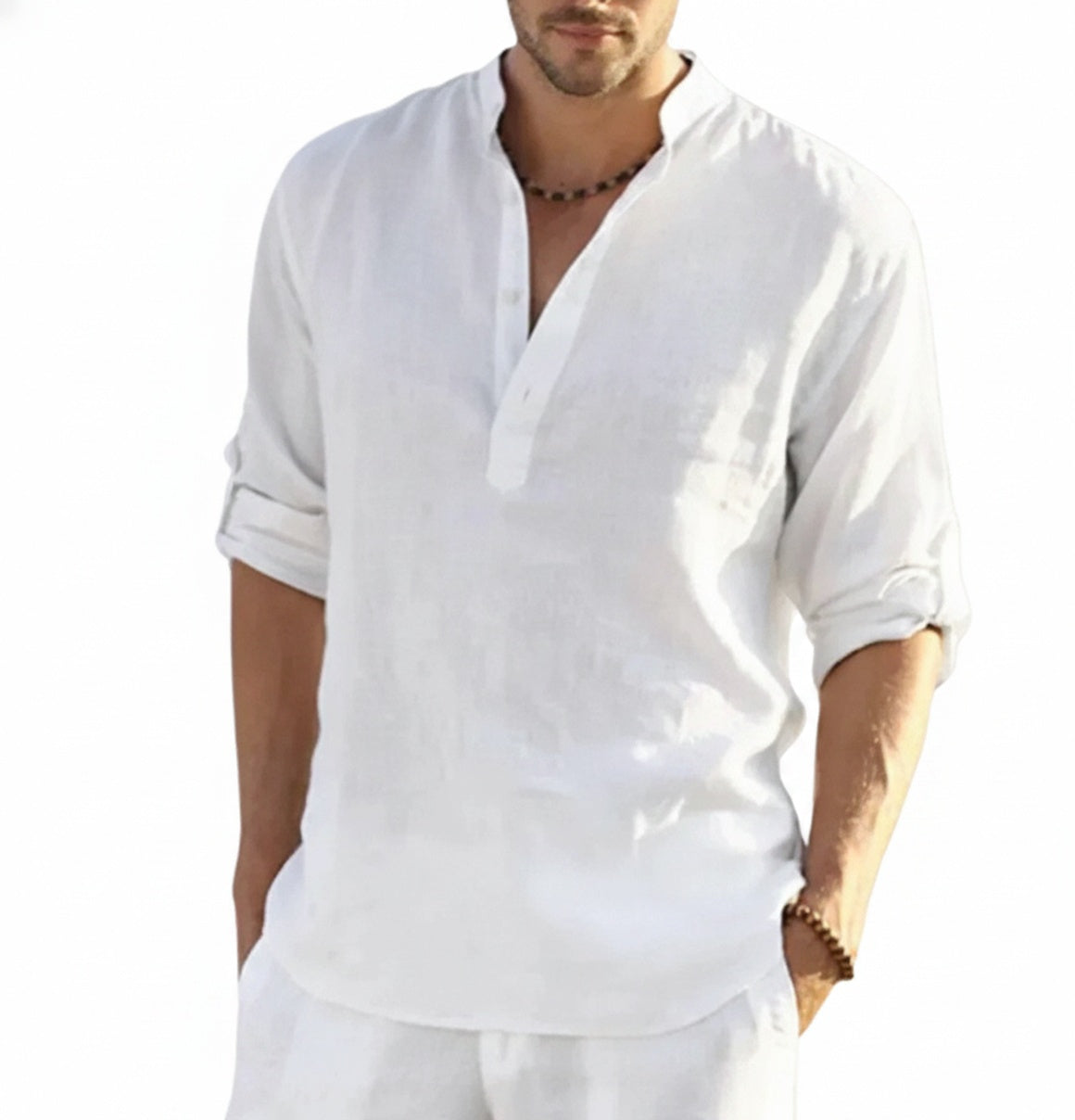 Homme Chemise Manches Longues avec Col Mao et Boutons
