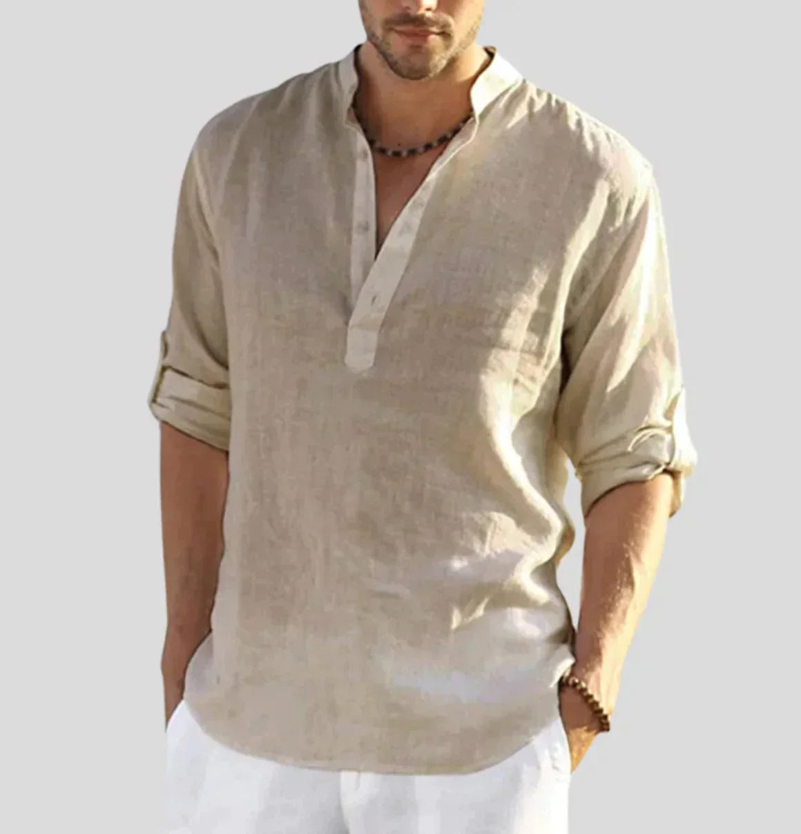 Homme Chemise Manches Longues avec Col Mao et Boutons