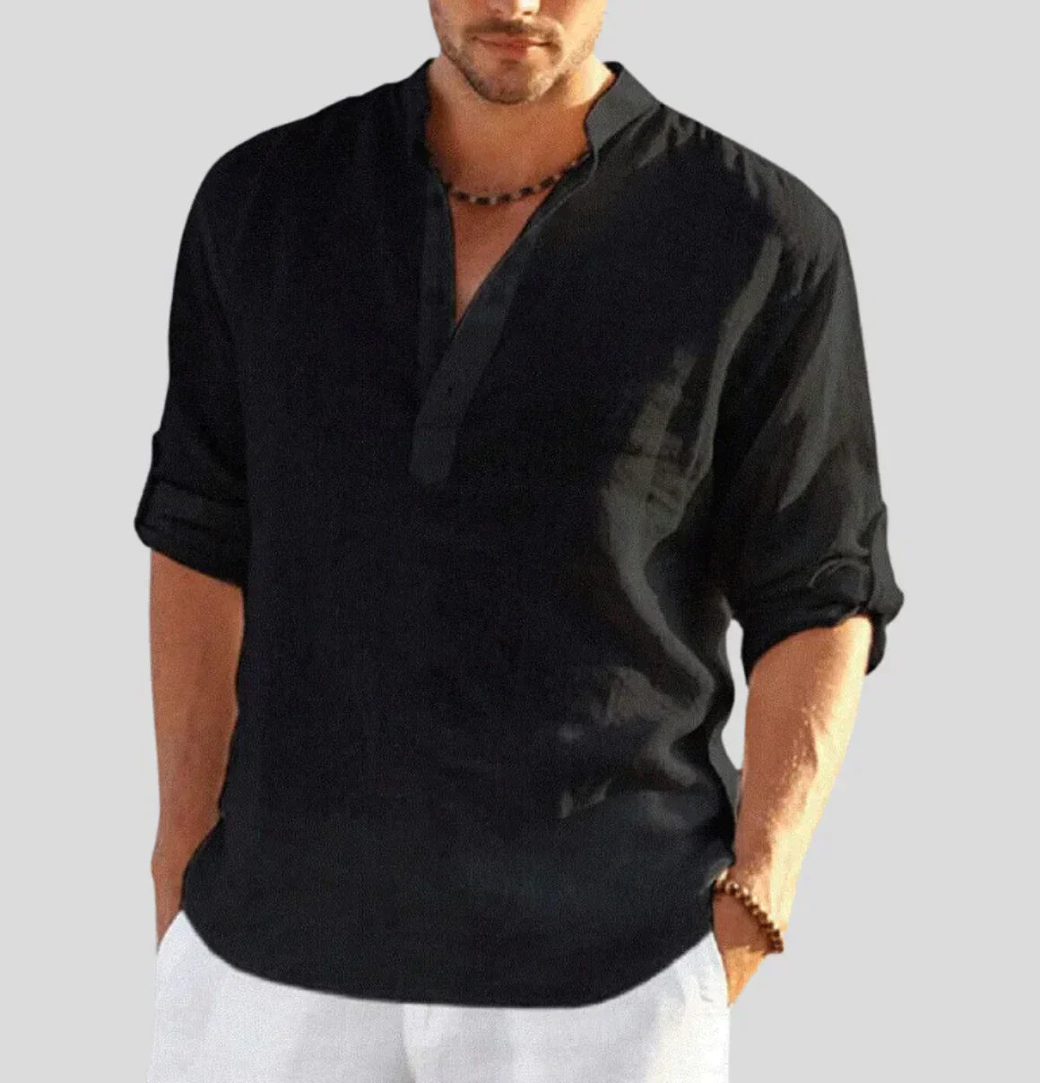 Homme Chemise Manches Longues avec Col Mao et Boutons